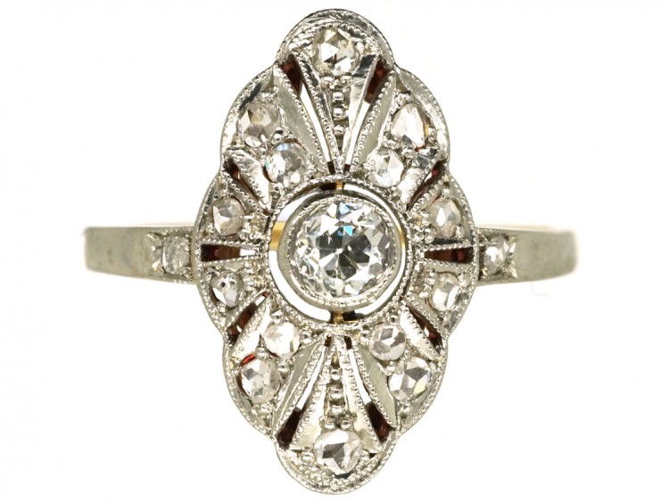 Art Deco 18ct Gold, Platinum & Diamond Marquise Shaped Ring