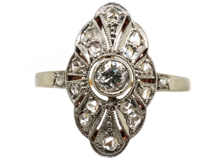 Art Deco 18ct Gold, Platinum & Diamond Marquise Shaped Ring