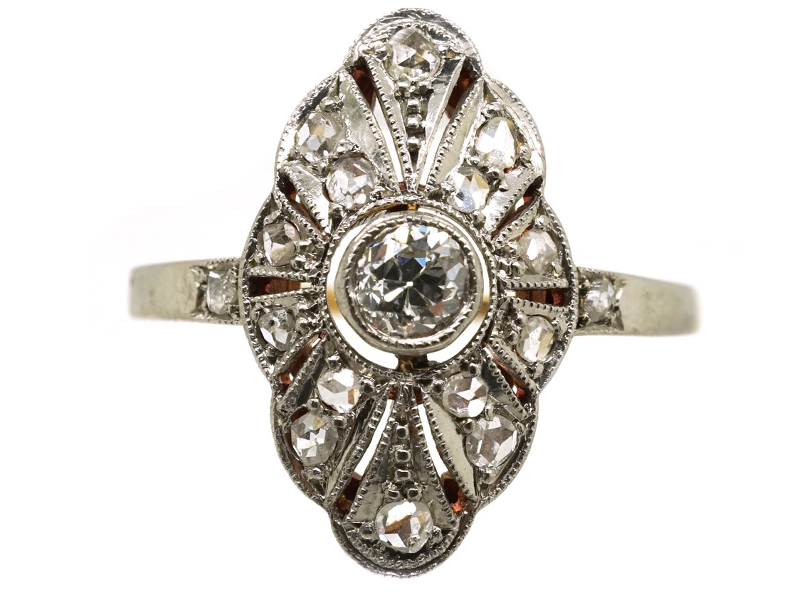 Art Deco 18ct Gold, Platinum & Diamond Marquise Shaped Ring (266K ...