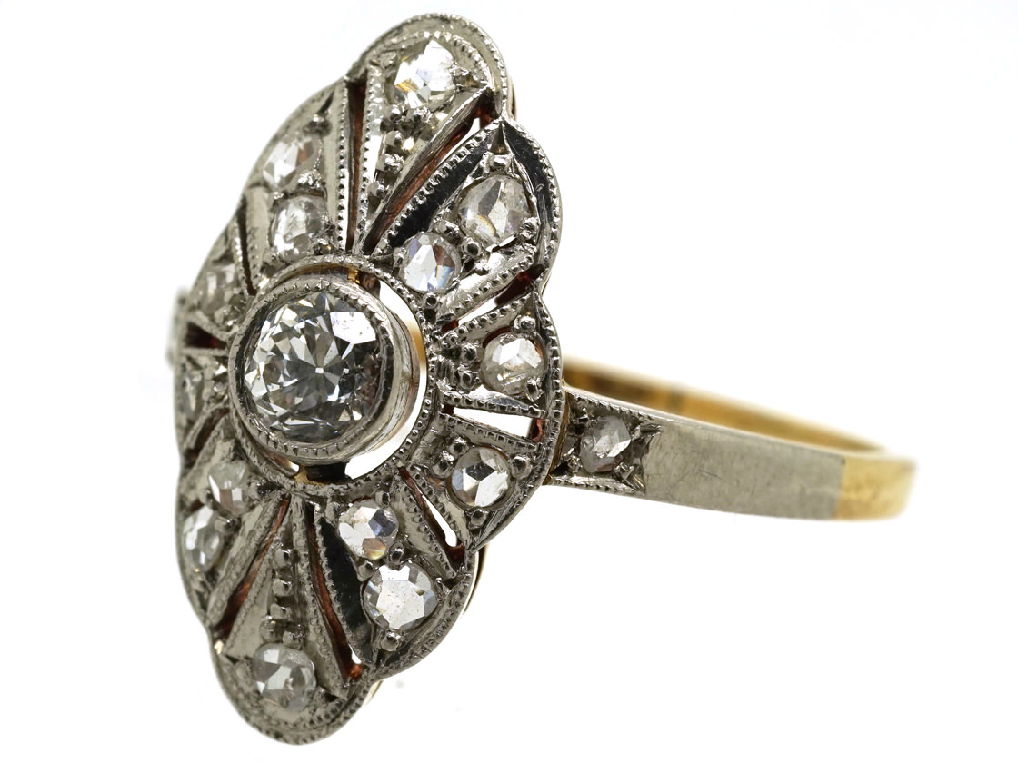 Art Deco 18ct Gold, Platinum & Diamond Marquise Shaped Ring (266K ...