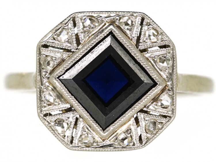 Art Deco Octagonal Shaped Sapphire & Rose Diamond Ring