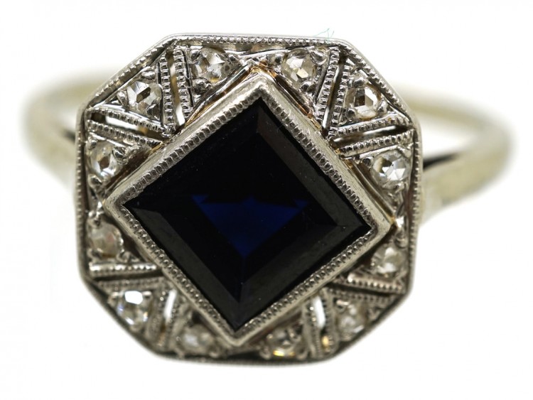 Art Deco Octagonal Shaped Sapphire & Rose Diamond Ring