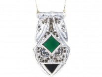 Large Art Deco Silver, Onyx, Chalcedony & Marcasite Pendant on a Silver Chain
