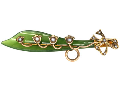 9ct Gold & Nephrite Lily of The Valley Brooch