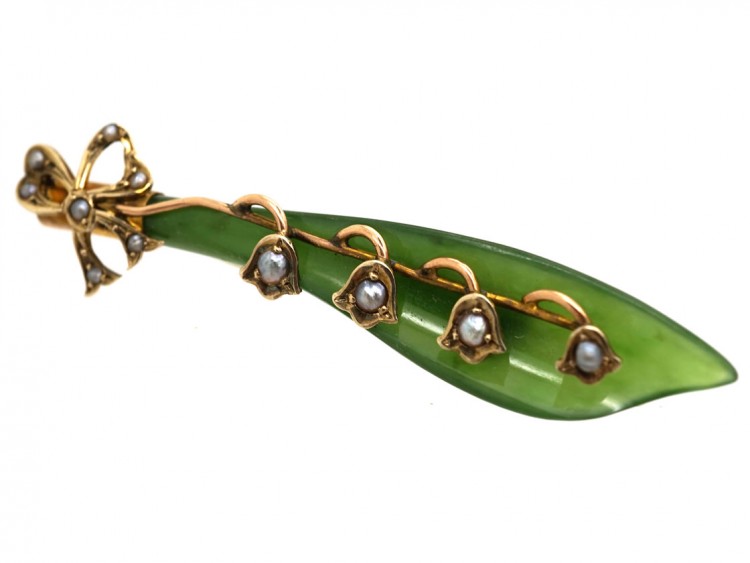 9ct Gold & Nephrite Lily of The Valley Brooch