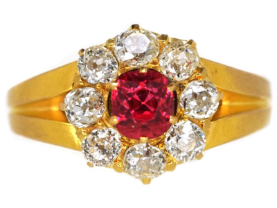 Victorian 18ct Gold, Diamond and Pink Spinel Cluster Ring