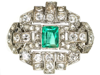 Art Deco French, Platinum, Emerald & Diamond Ring