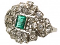 Art Deco French, Platinum, Emerald & Diamond Ring