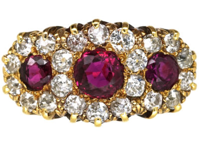 Edwardian 18ct Gold, Ruby & Diamond Triple Cluster Ring