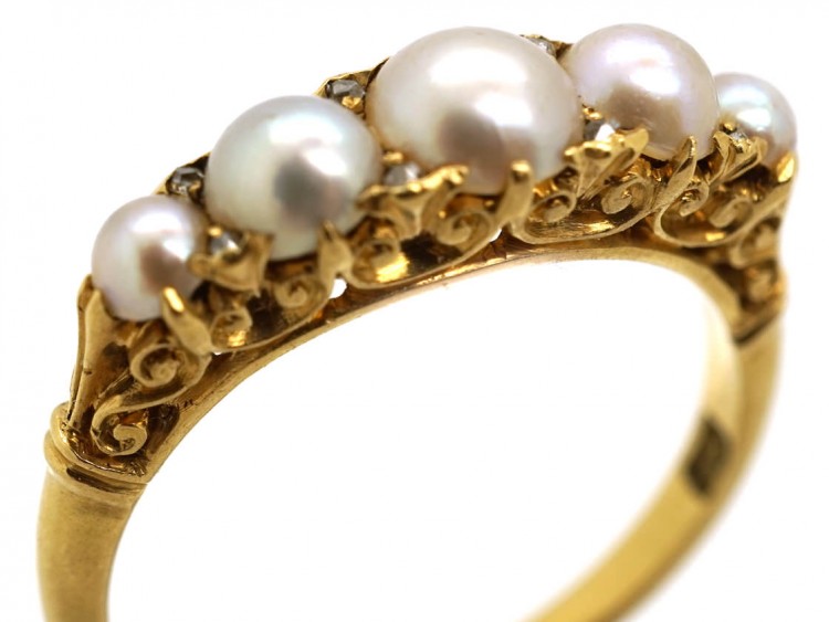 Edwardian 18ct Gold, Rose Diamond & Natural Split Pearl Carved Half Hoop  Ring