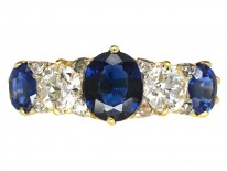 Victorian 18ct Gold, Sapphire & Diamond Carved Half Hoop Five Stone Ring
