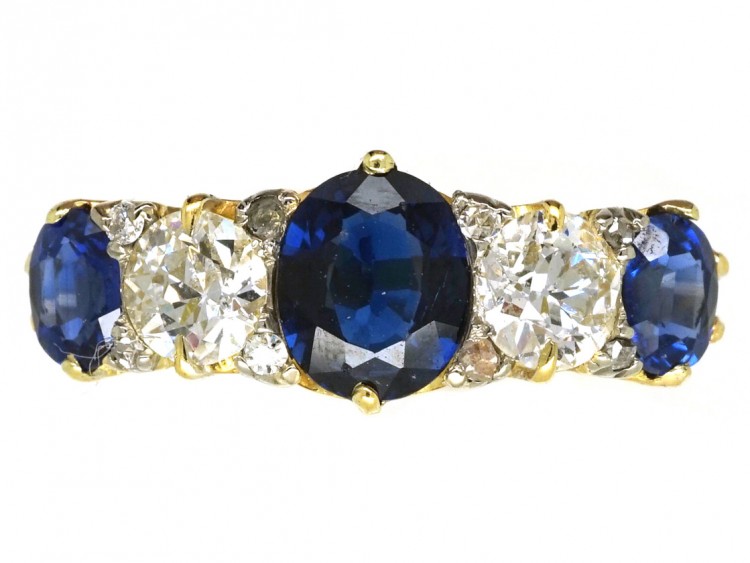 Victorian 18ct Gold, Sapphire & Diamond Carved Half Hoop Five Stone Ring