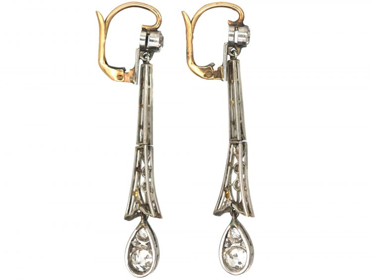 Art Deco 15ct Gold, Platinum & Diamond Drop Earrings