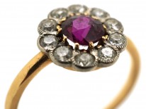 Edwardian 18ct Gold, Platinum, Ruby & Diamond Cluster Ring