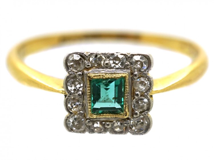 Art Deco 18ct Gold, Platinum, Emerald & Diamond Square Ring