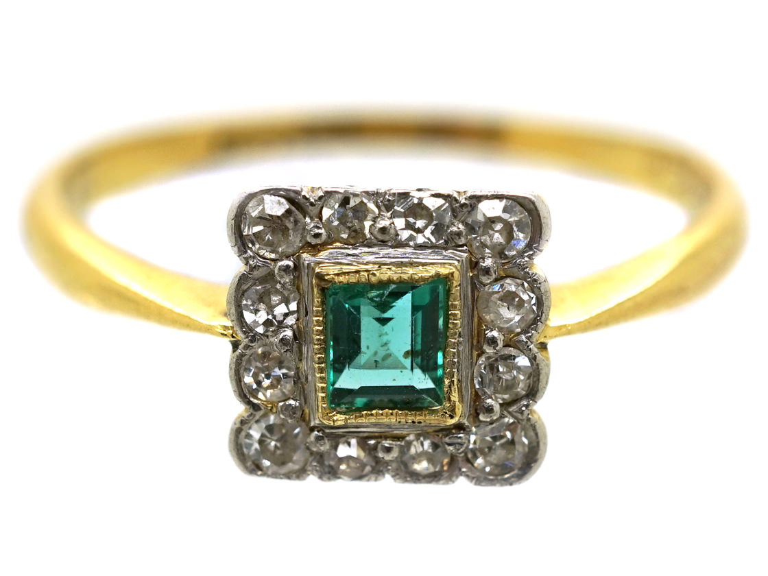 Art Deco 18ct Gold, Platinum, Emerald & Diamond Square Ring (205/J ...