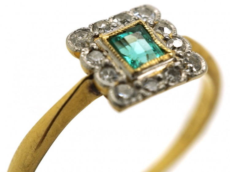 Art Deco 18ct Gold, Platinum, Emerald & Diamond Square Ring