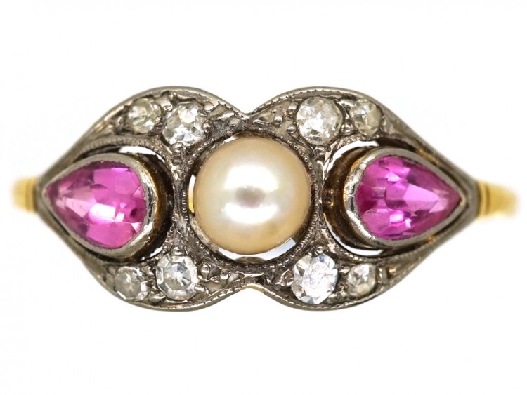 Edwardian 18ct Gold, Platinum, Pink Sapphire & Diamond Ring