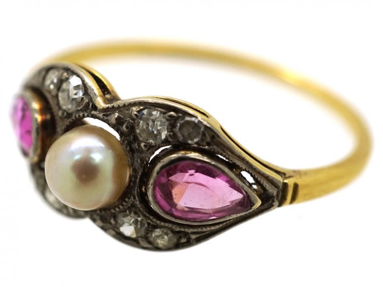 Edwardian 18ct Gold, Platinum, Pink Sapphire & Diamond Ring