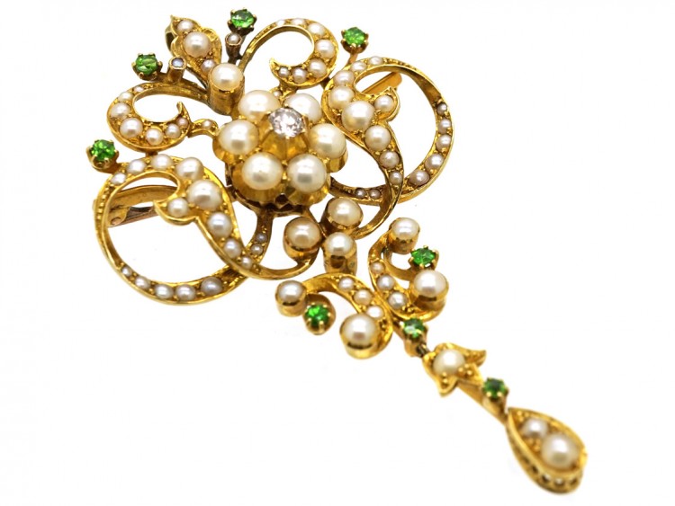 Edwardian 15ct Gold Natural Split Pearl & Green Garnet Pendant Brooch