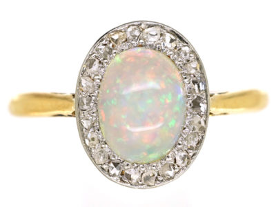 Edwardian 18ct Gold Opal & Rose Diamond Oval Cluster Ring