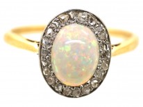 Edwardian 18ct Gold Opal & Rose Diamond Oval Cluster Ring