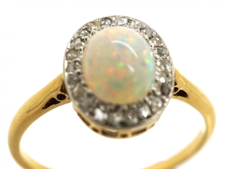 Edwardian 18ct Gold Opal & Rose Diamond Oval Cluster Ring