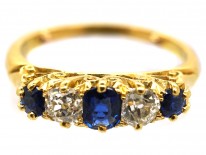 Victorian 18ct Gold Sapphire & Diamond Five Stone Carved Half Hoop Ring