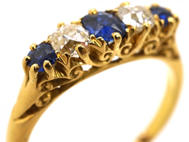 Victorian 18ct Gold Sapphire & Diamond Five Stone Carved Half Hoop Ring