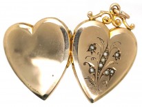 Edwardian 9ct Back & Front & Split Pearls Heart Locket with Lily of the Valley Motif