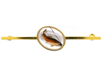 Edwardian 9ct Gold Reverse Intaglio Rock Crystal Brooch of a Trout on a Line