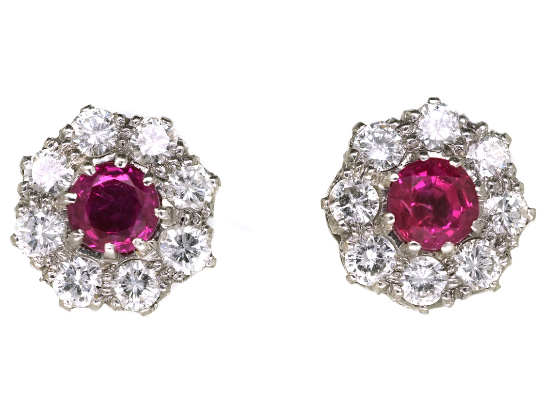 18ct White Gold Ruby & Diamond Cluster Earrings (326K) | The Antique ...
