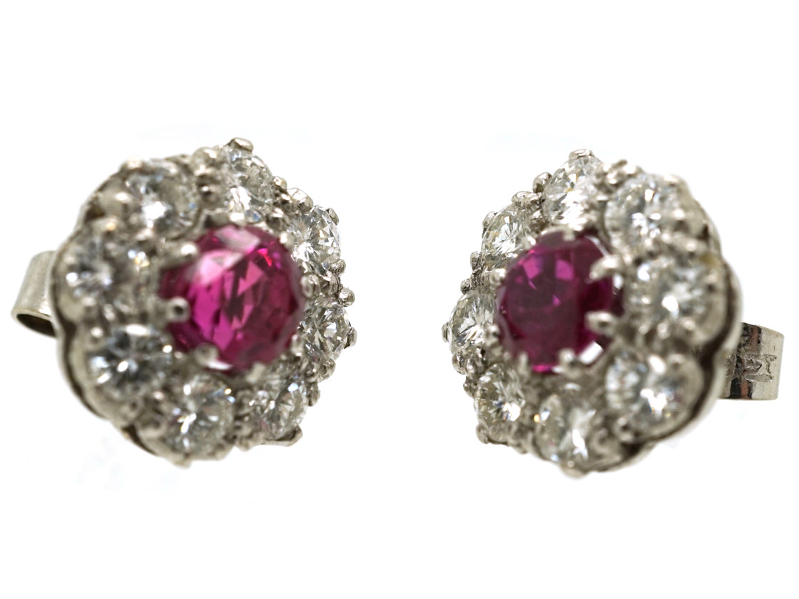 18ct White Gold Ruby & Diamond Cluster Earrings (326K) | The Antique ...