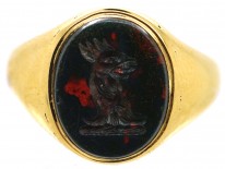 Late Victorian 18ct Gold & Bloodstone Signet Ring With a Cockerel Intaglio