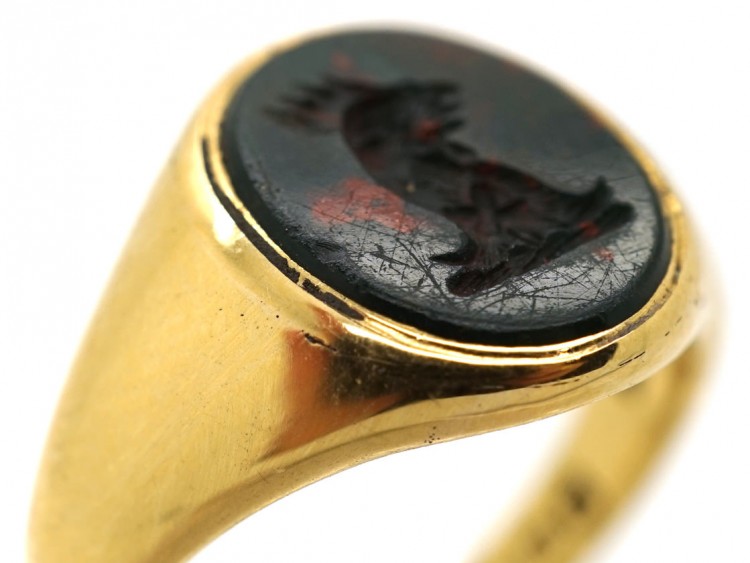 Late Victorian 18ct Gold & Bloodstone Signet Ring With a Cockerel Intaglio