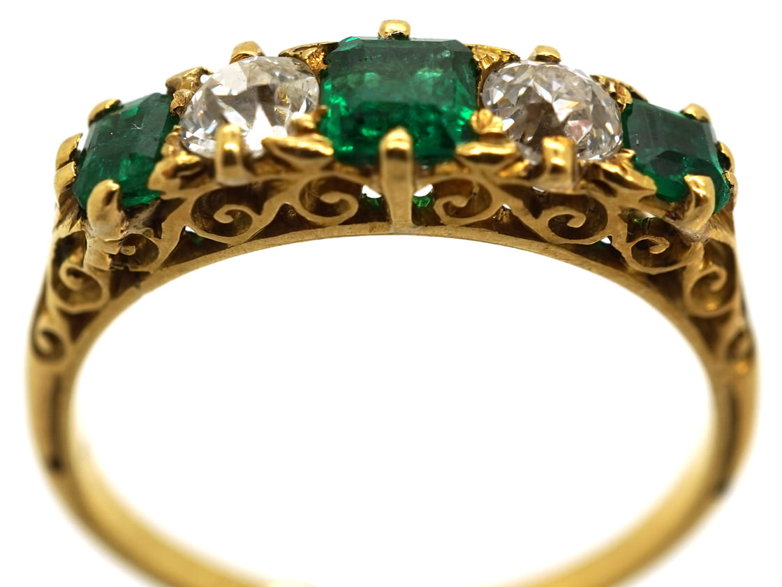 Victorian 18ct Gold, Emerald & Diamond Five Stone Carved Half Hoop Ring