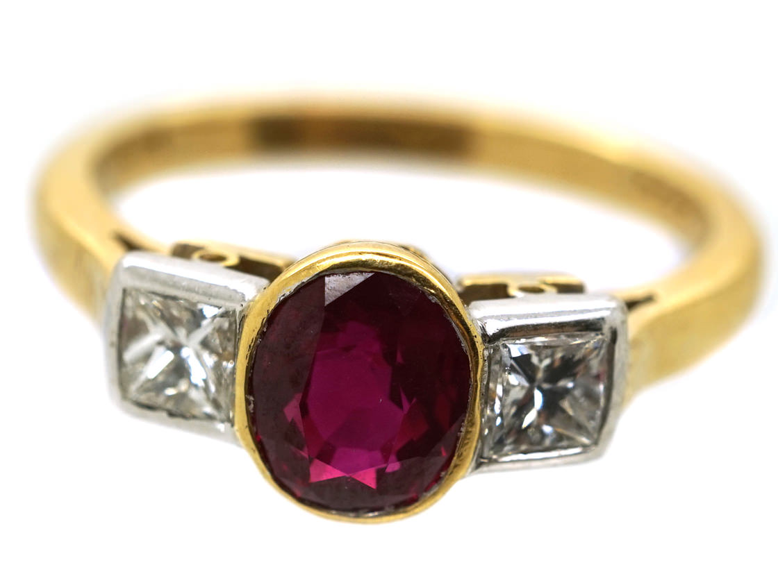 18ct Gold, Diamond & Ruby Three Stone Ring (340K) | The Antique