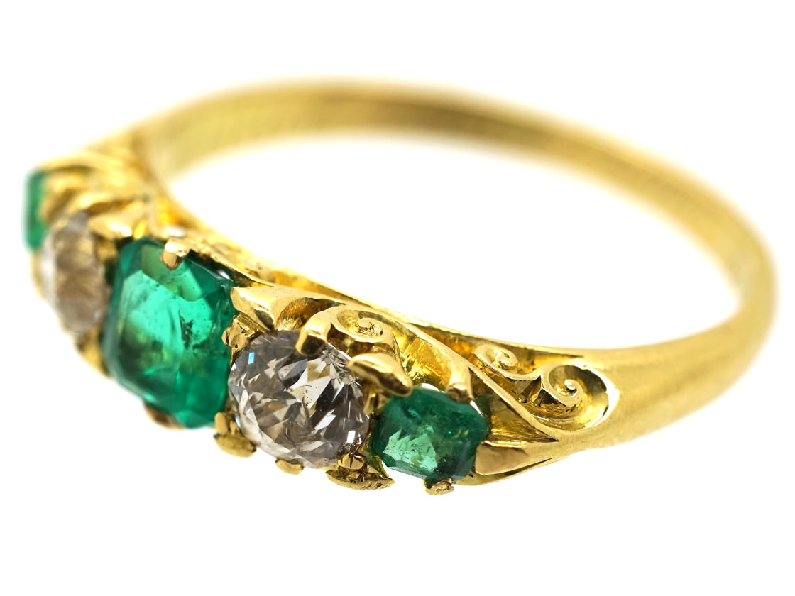 Victorian 18ct Gold, Emerald & Diamond Five Stone Carved Half Hoop Ring ...
