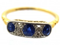 Art Deco 18ct Gold, Platinum & Three Stone Sapphire & Diamond Ring