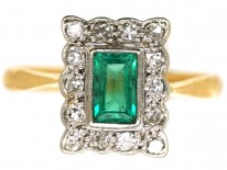 Art Deco 18ct Gold, Platinum & Emerald & Diamond Rectangular Ring