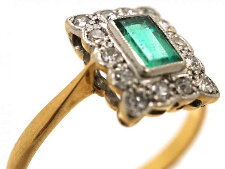 Art Deco 18ct Gold, Platinum & Emerald & Diamond Rectangular Ring