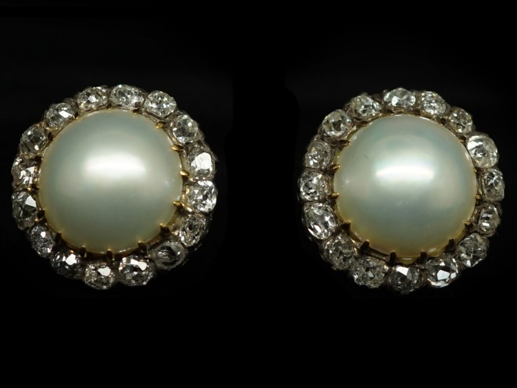 Edwardian Large 18ct Gold Pearl & Diamond Cluster Earrings