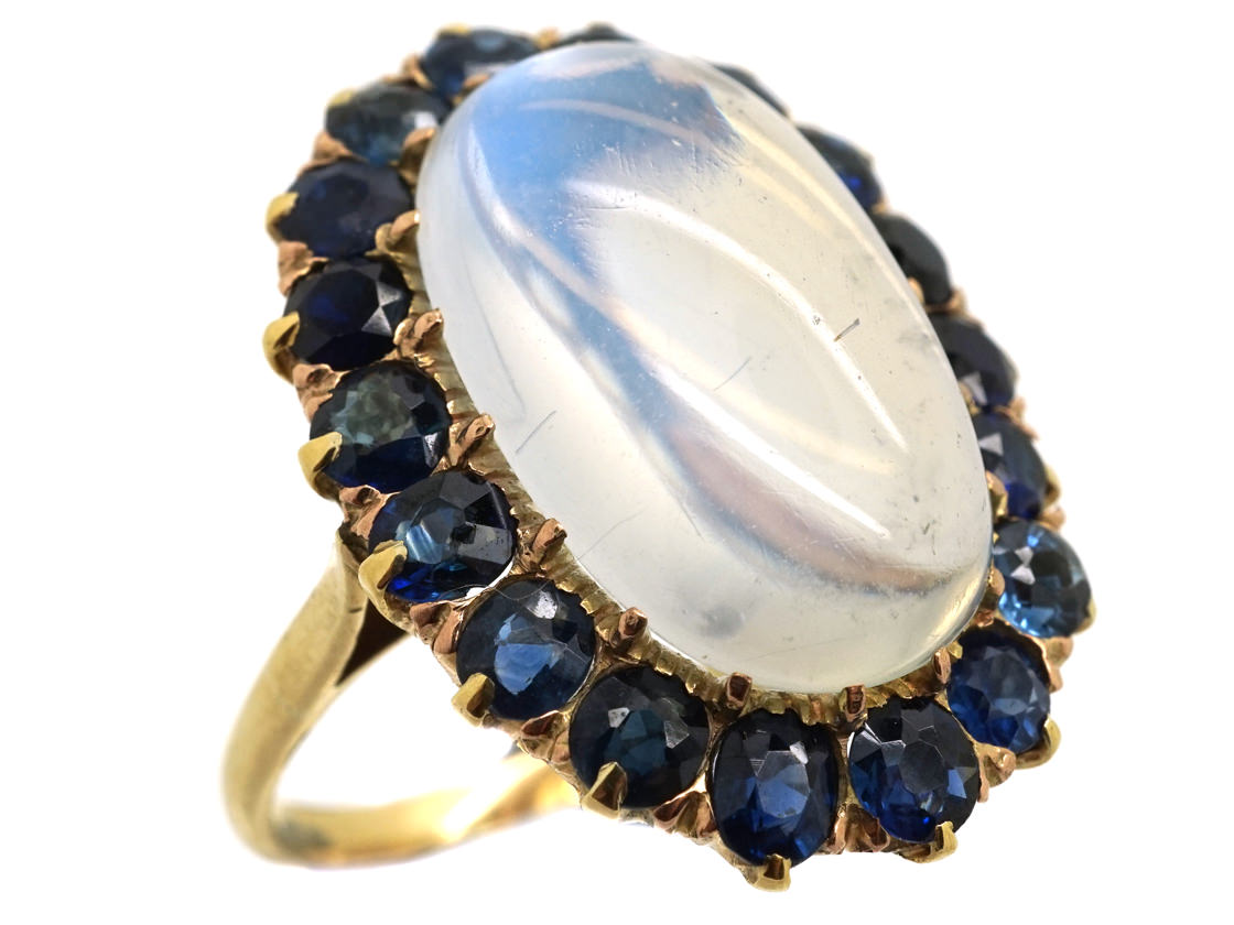 18ct Gold Large Moonstone & Sapphire Ring (348K) The Antique Jewellery Company