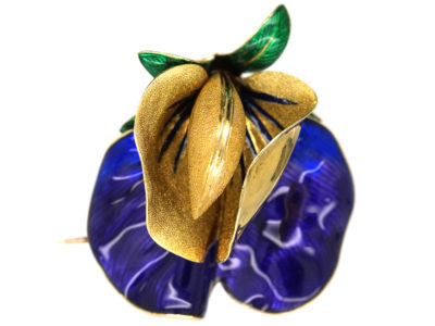 French 19th Century 18ct Gold & Enamel Sweet Pea Brooch in Original Case
