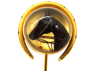 Large Victorian Reverse Intaglio Rock Crystal of a Horse’s Head Tie Pin