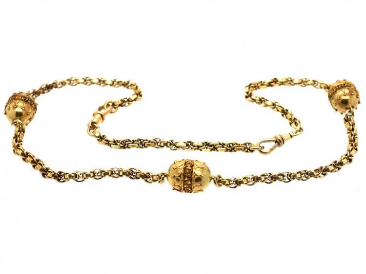 Victorian 15ct Gold Chain With Three Etruscan Design Beads