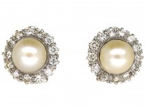 18ct White Gold Diamond & Pearl Cluster Earrings with Post & Clip Fittings