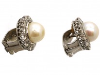 18ct White Gold Diamond & Pearl Cluster Earrings with Post & Clip Fittings