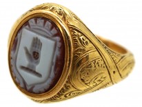 Victorian 18ct Gold & Carnelian Large Signet Ring With Hand On Heart Intaglio