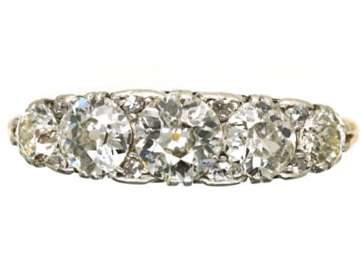 Edwardian 18ct Gold & Platinum Five Stone Diamond Carved Half Hoop Ring